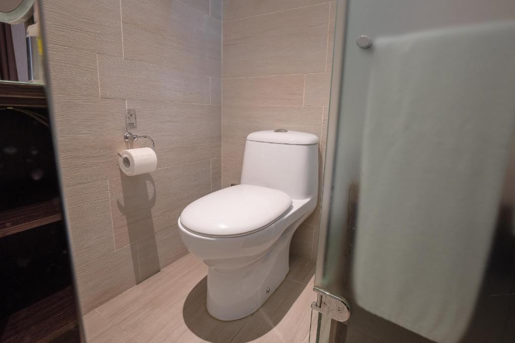 a bathroom with a toilet and a roll of toilet paper at CHECK inn Taipei Xinyi in Taipei