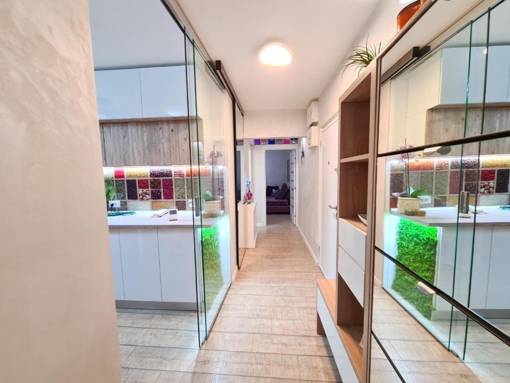 a hallway of a house with glass walls at Elisa's Place in Făgăraş