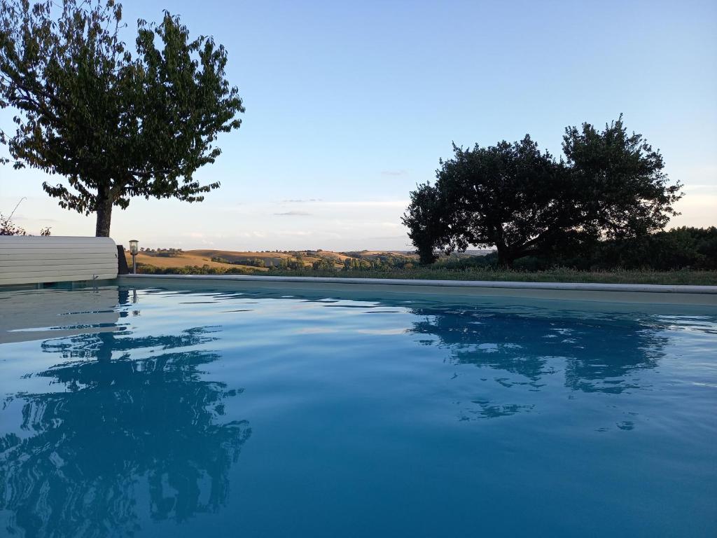 a swimming pool with blue water and trees in the background at Les Goullans in Grazac