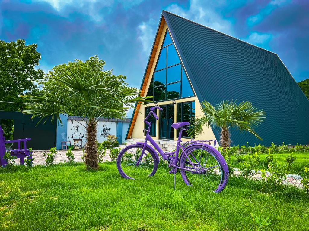 Qafqaz Mountain Chalet في غابالا: دراجة أرجوانية متوقفة في العشب أمام منزل