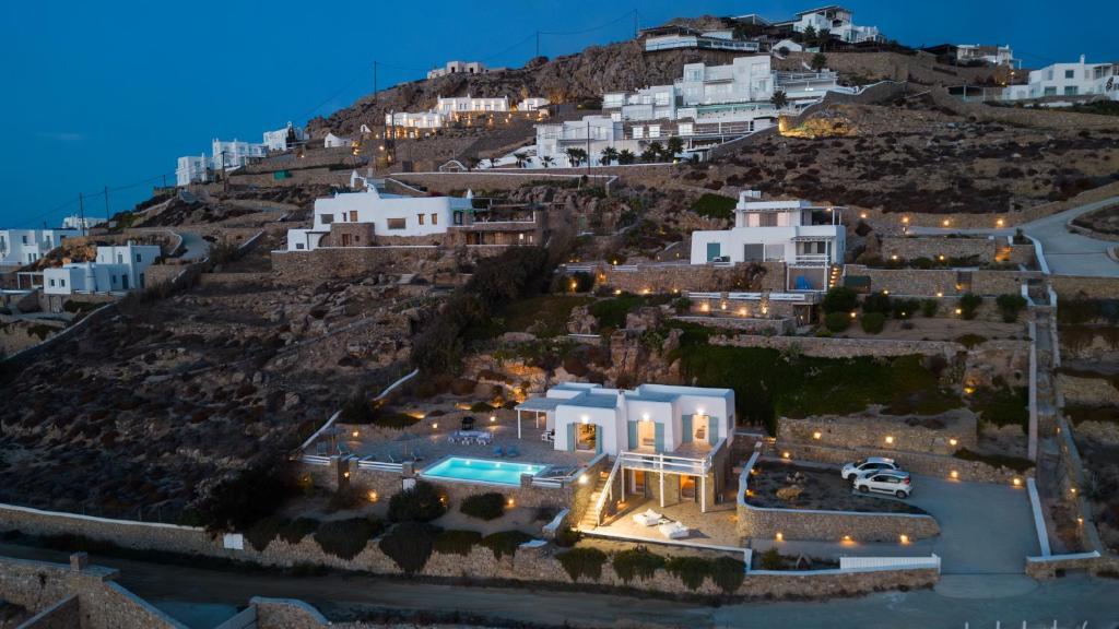an aerial view of a house on a hill at Villa Crystal by Mykonos Mood in Fanari