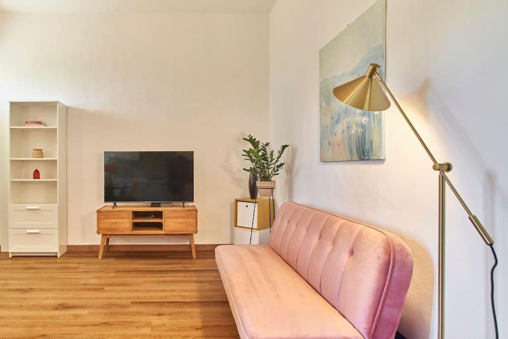 ein Wohnzimmer mit einem rosa Sofa und einem TV in der Unterkunft Il Leccio Country House in Siena