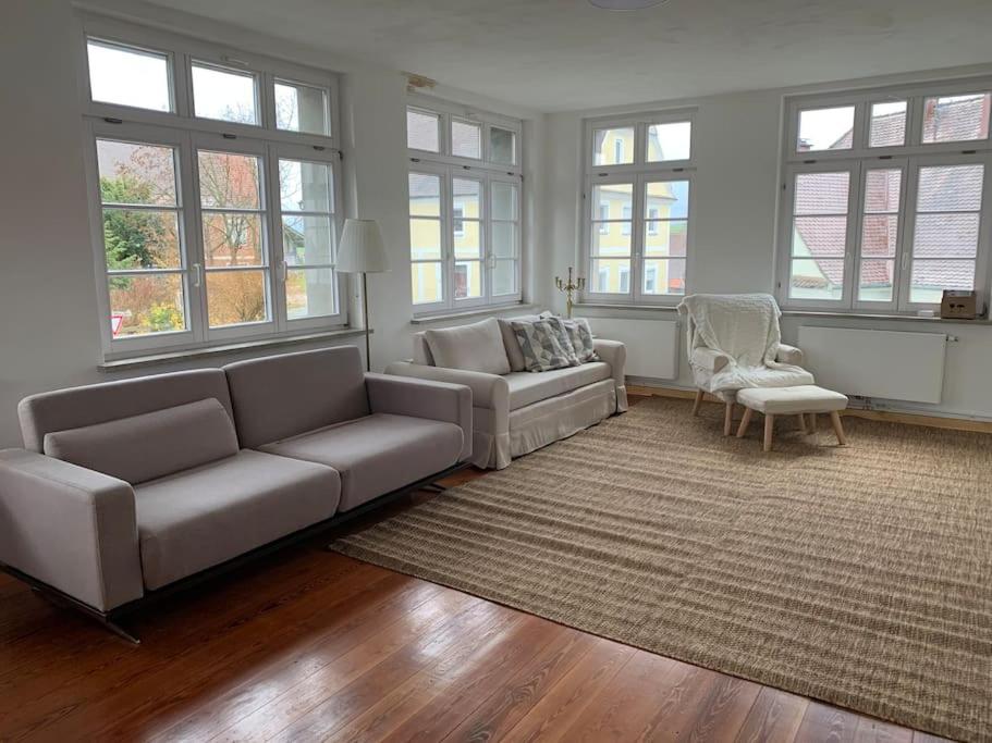 a living room with a couch and chairs and windows at 170m2 apartment in Historical building in Gutenzell-Hürbel