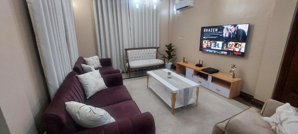 a living room with a couch and a tv at Sami BnB - Apt 01 Makongo after Mlimani City in Dar es Salaam