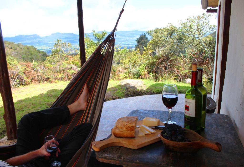 uma pessoa deitada numa rede com um copo de vinho em Jardin Colibri RNT 33633 em Guatavita