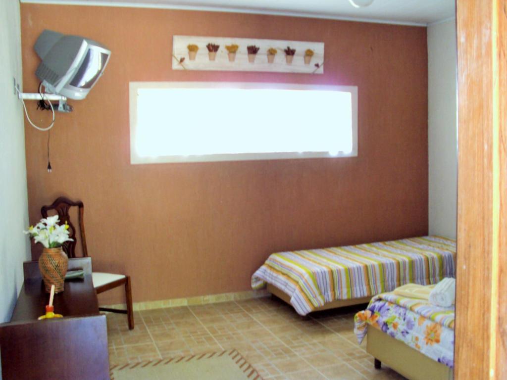 a bedroom with a bed and a tv and a window at Hotel Fazenda Terra Ramos in Papucaia