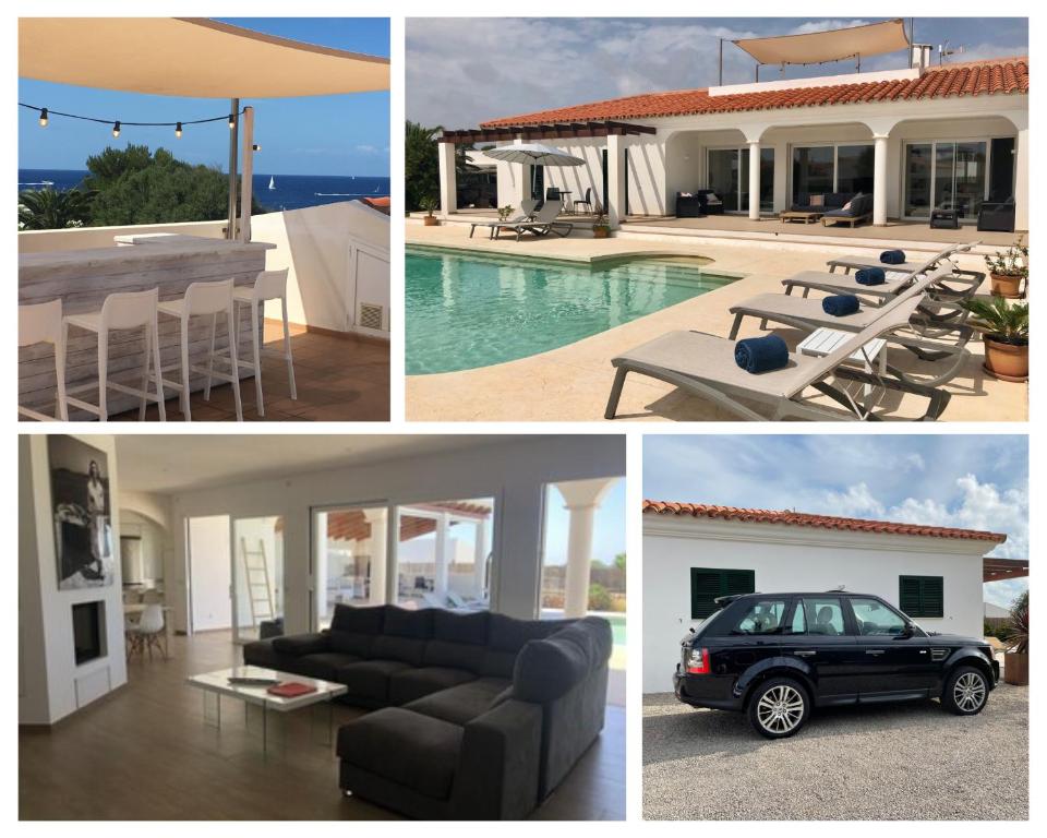 uma colagem de fotos de uma casa e um carro em Villa Maravilla with HEATABLE pool ROOFTOPbar with sea views and Range Rover em Binibeca
