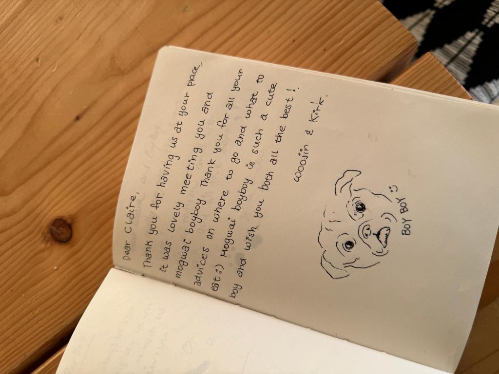 a book with a drawing of a dog on it at Cute Pug Guest Room in Copenhagen