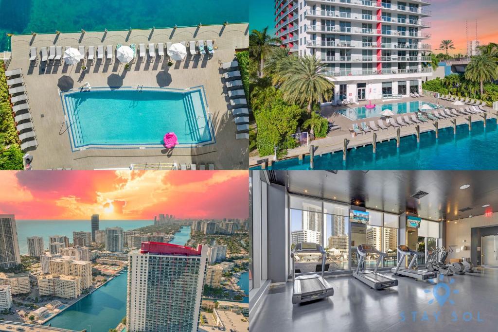 uma colagem de fotografias de um hotel com piscina em Amazing Pool - Apartment with Balcony and Gym em Hallandale Beach