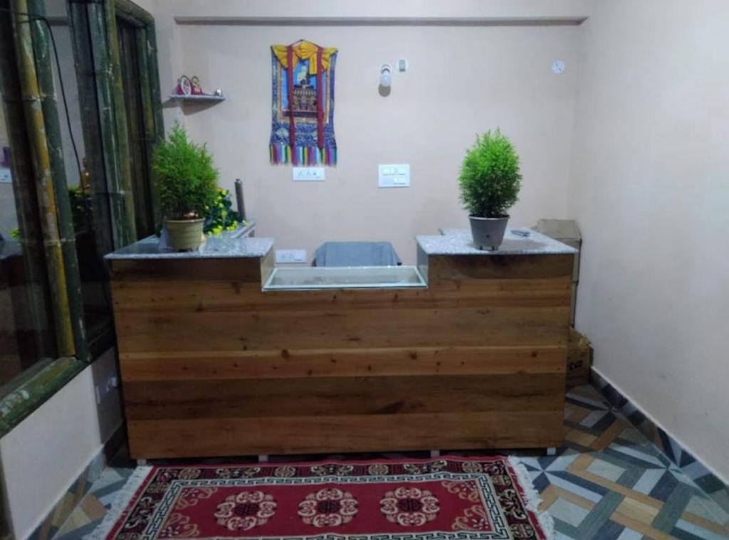 a sink in a room with two potted plants at Hangkhim Homestay in Ravangla