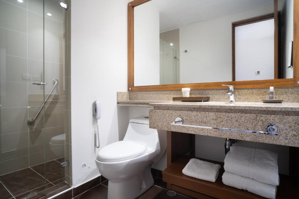 a bathroom with a toilet and a sink and a mirror at Hotel Habitel Select in Bogotá
