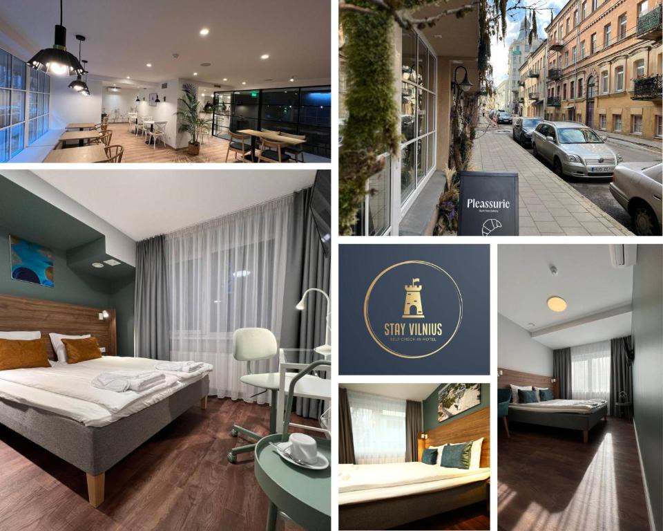 a collage of photos of a hotel room with a bed at Stay Vilnius Hotel in Vilnius