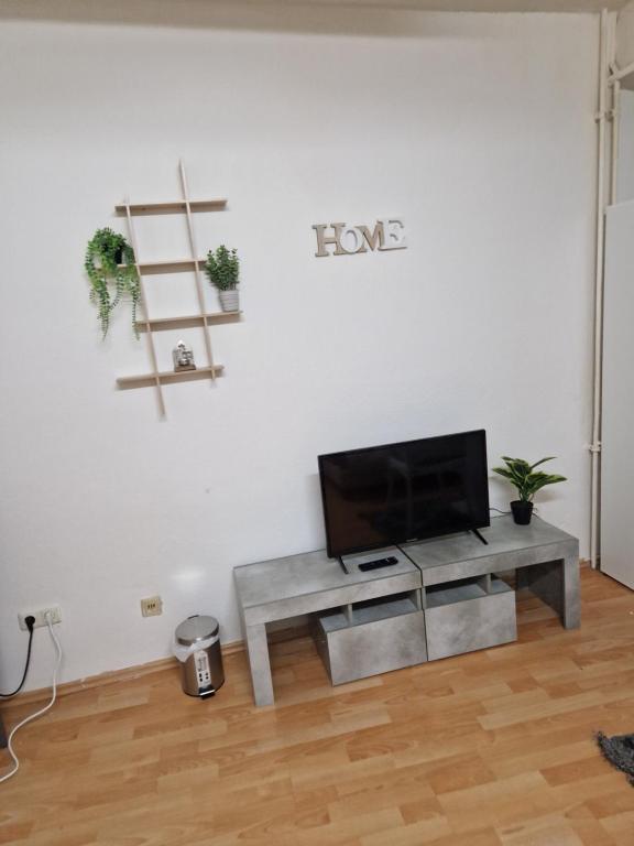uma sala de estar com uma televisão e uma mesa em Appartamento centrale em Hanôver