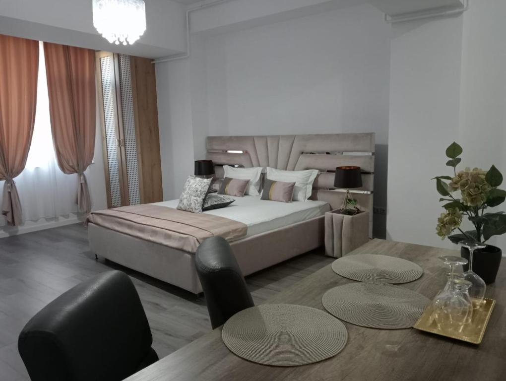 a bedroom with a bed and a table and chairs at Ap Nou Rezidential Faleza in Galaţi