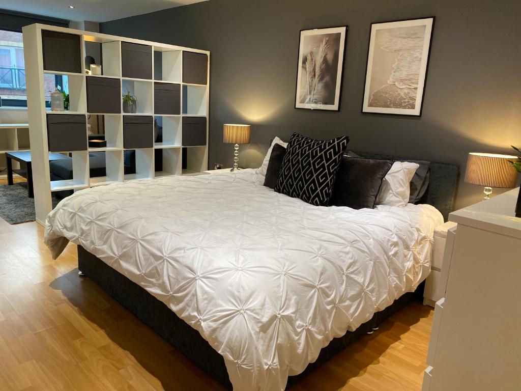 - une chambre avec un lit et une étagère dans l'établissement City Centre Modern Studio Apartment - Westone FREE WIFI, GYM ACCESS, NETFLIX, à Sheffield