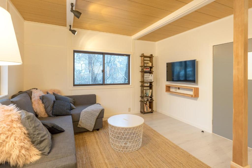 a living room with a couch and a tv at Konayuki Cabin Hakuba - Vacation STAY 22044v in Hakuba