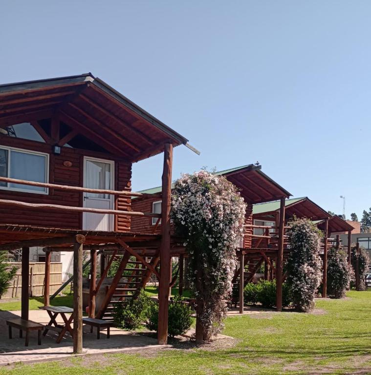 a row of wooden cottages with flowering plants at DOS NOGALES in San Pedro