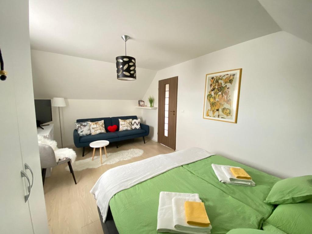a bedroom with a green bed and a blue couch at Cazare La Luiza in Şura Mare