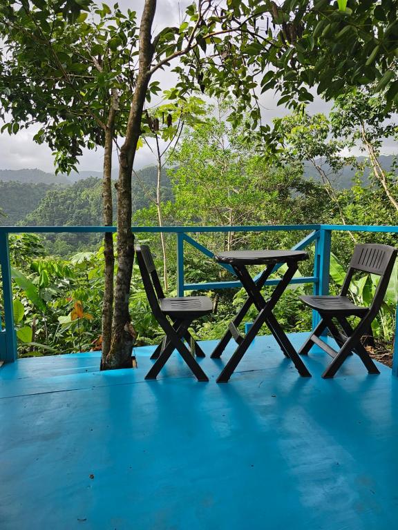 a table and two chairs on a deck with a tree at Glamping at Zephyra's Wisdom 