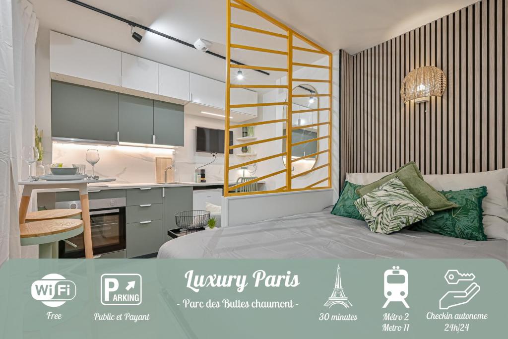 a bedroom with a bed and a kitchen in a room at Joli Paris-Hyper centre in Paris
