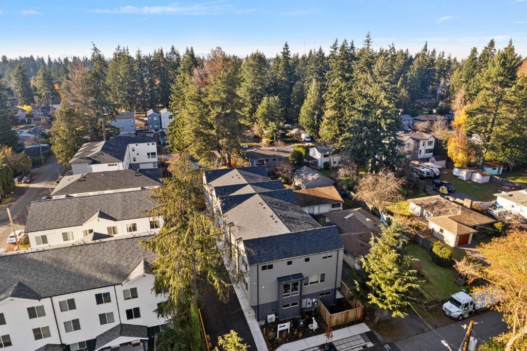 an aerial view of a residential neighborhood with houses at New Meridian Park Shoreline WA in Shoreline