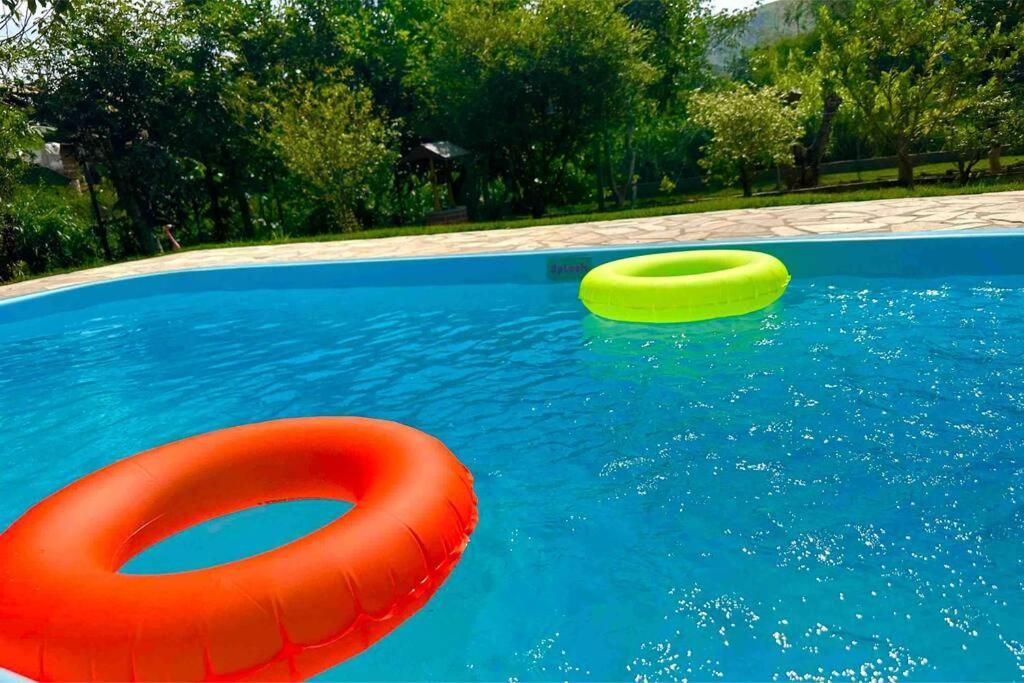 un frisbee amarillo y una balsa roja en una piscina en Recanto Margarida, en Socorro