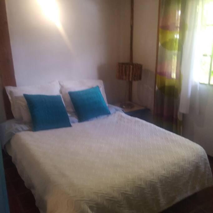 een wit bed met blauwe kussens in een slaapkamer bij Apartamento campestre in Villa de Leyva