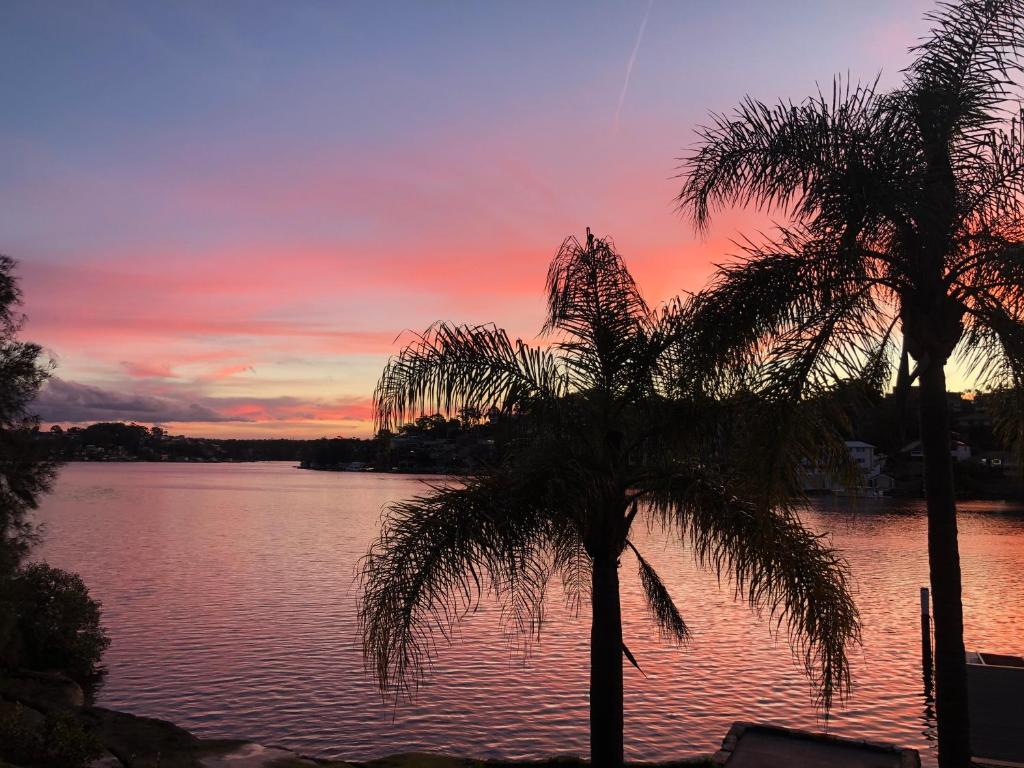a sunset over the water with two palm trees at Water Front House in Sydney