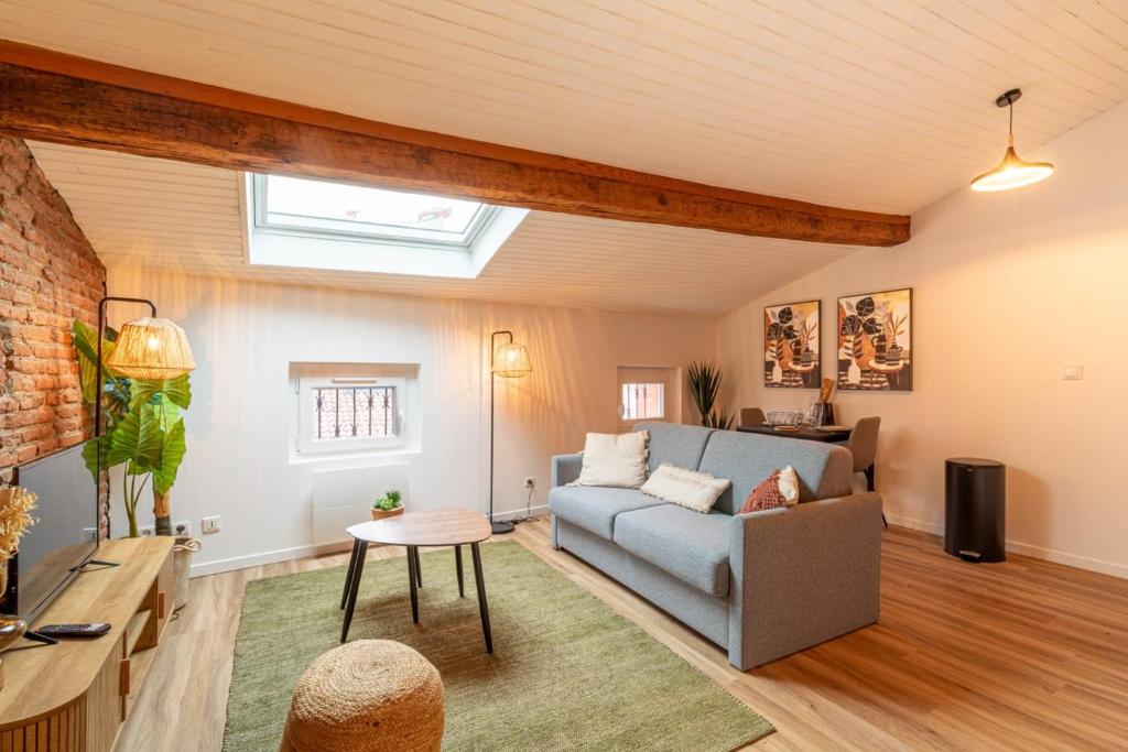 un salon avec un canapé et une table dans l'établissement Pretty haven of peace in Saint-Cyprien, à Toulouse