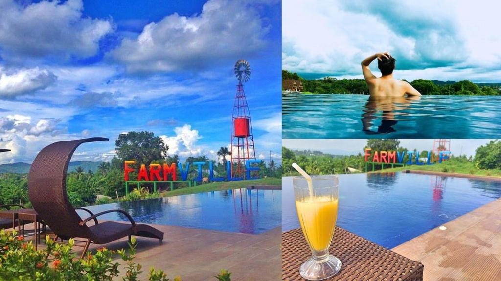a collage of photos of a pool and a drink at Taal Maranan Farmville Inc by Cocotel in Taal