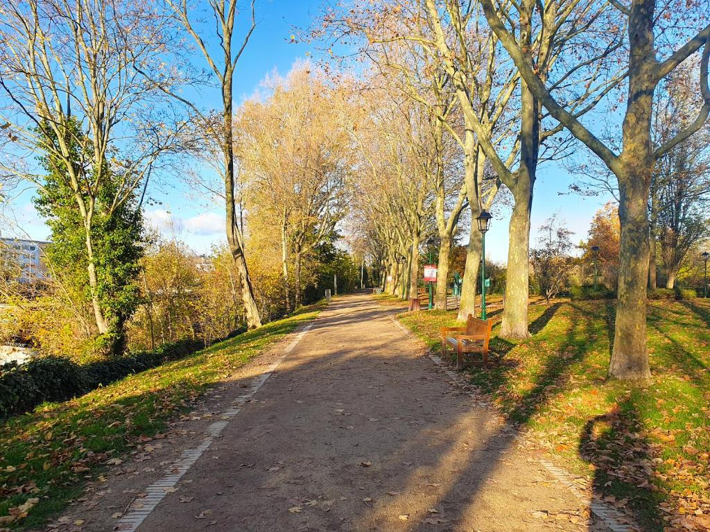 un camino de tierra en un parque con árboles en EXIGEHOME-Beautiful apartment, 2 bedrooms 70m2 15 min from Paris, en Rueil-Malmaison