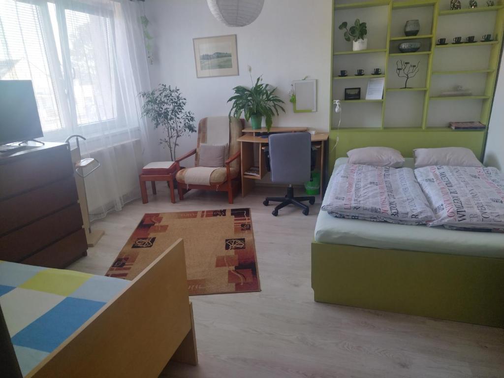 een slaapkamer met een bed, een bureau en een stoel bij Soukromé pokoje in Havlickuv Brod