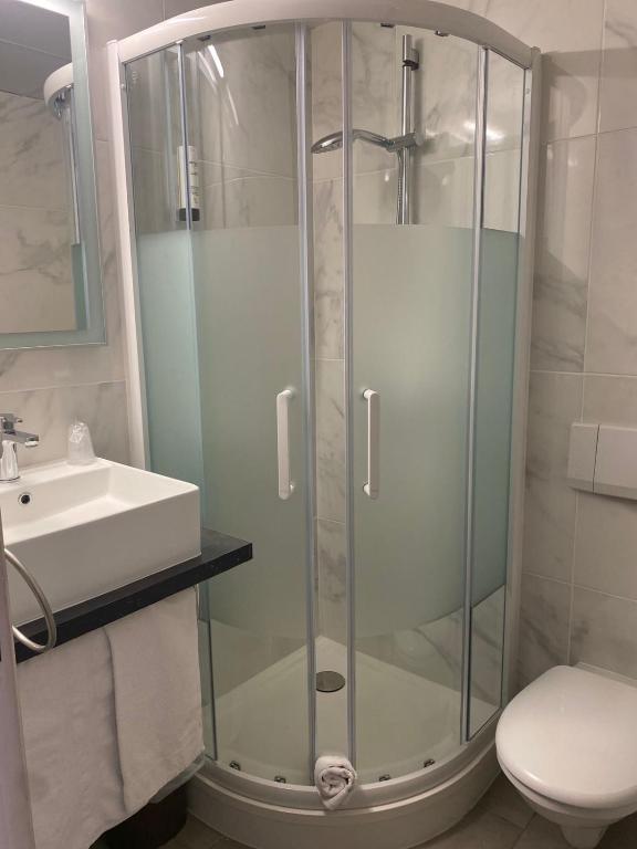 a bathroom with a shower and a sink and a toilet at Contact Hôtel Foch in Besançon