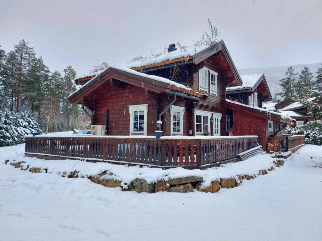 a log cabin in the snow with snow on the roof at Laftet hytte i strandkanten med bade og fiske muligheter in Vradal