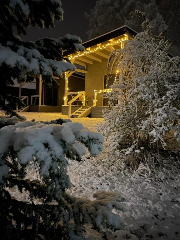 Una casa con luces de Navidad en la nieve en Las i woda, en Przywidz