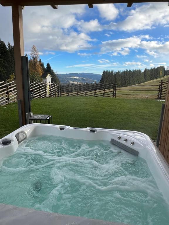 eine Whirlpool-Badewanne mit Blick auf ein Feld in der Unterkunft Waldheimatblick in Sankt Kathrein am Hauenstein