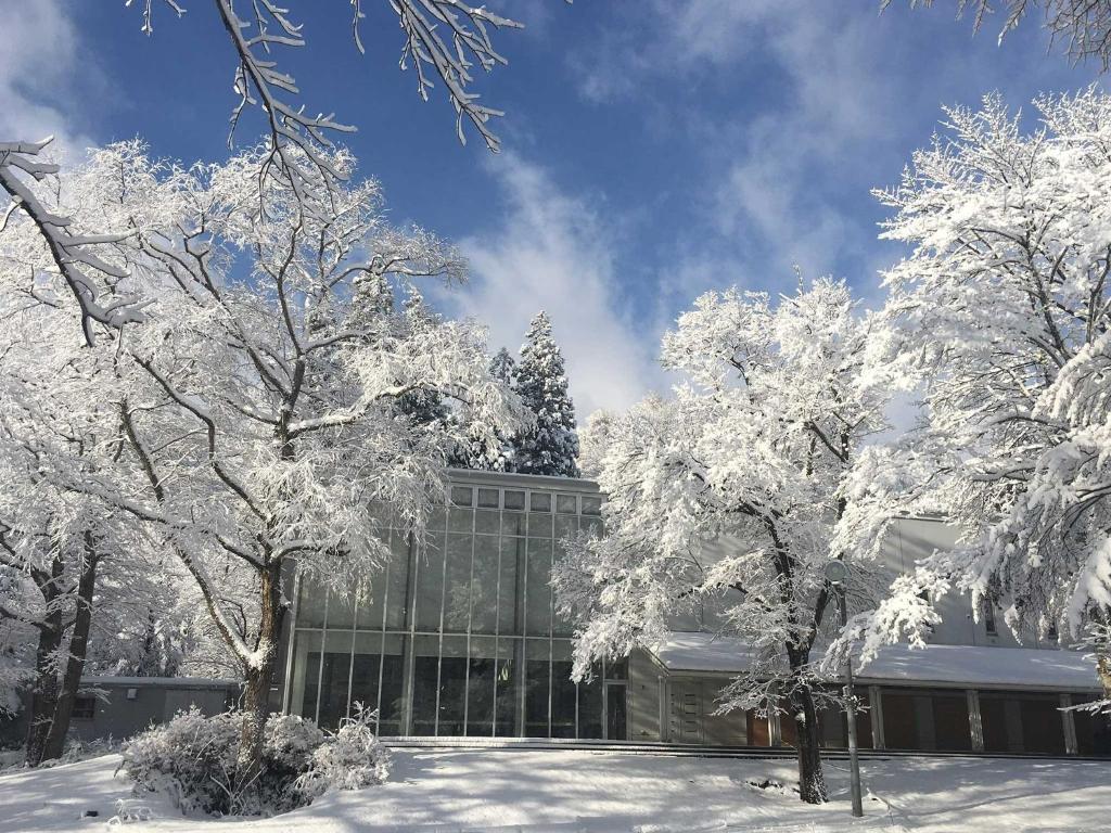 a building with snow covered trees in front of a building at Labo Land Kurohime "rental cottage cottage" - Vacation STAY 62616v in Shinano