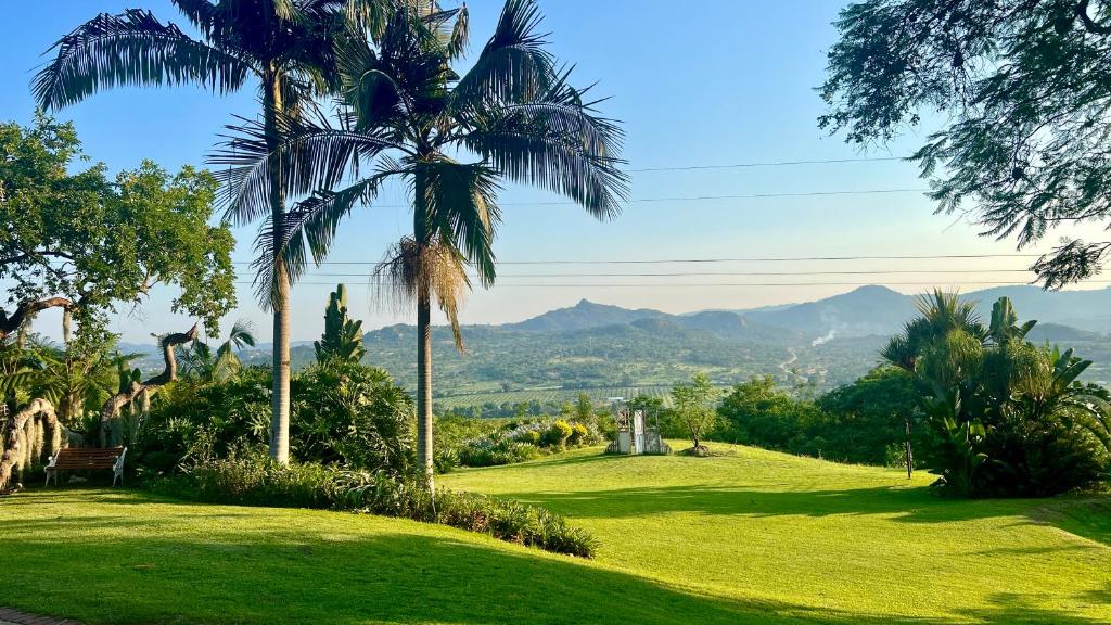 a green lawn with palm trees and mountains in the background at LoerieRoep Estate - Mountainview Accommodation Nelspruit in Nelspruit