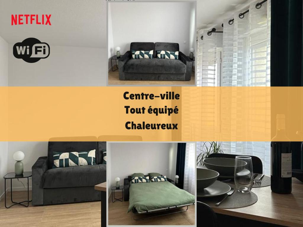 a collage of photos of a living room with a couch at cosy moderne chaleureux équipé proche tram in Talence