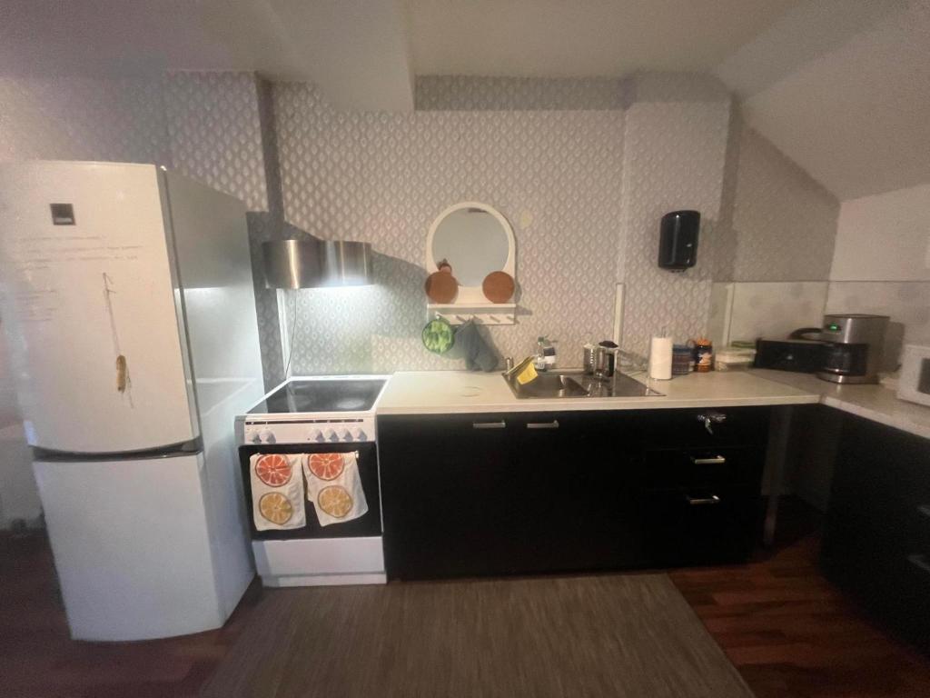 uma cozinha com um frigorífico branco e um lavatório em Cilla och Smillas AB em Malmo