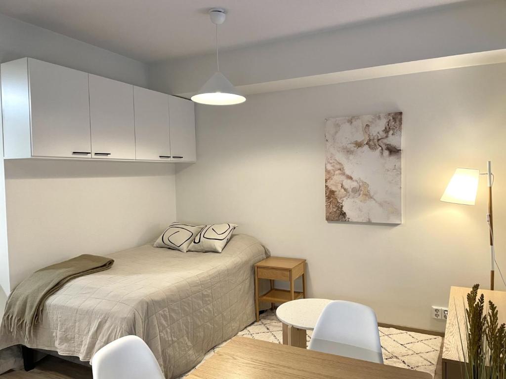 ein Schlafzimmer mit einem Bett und einem Tisch und Stühlen in der Unterkunft Viihtyisä yksiö Santalahdessa in Tampere