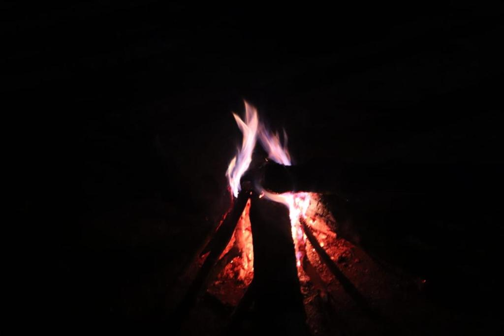 a person standing next to a fire in the dark at Estate villa homestay in Mudigere