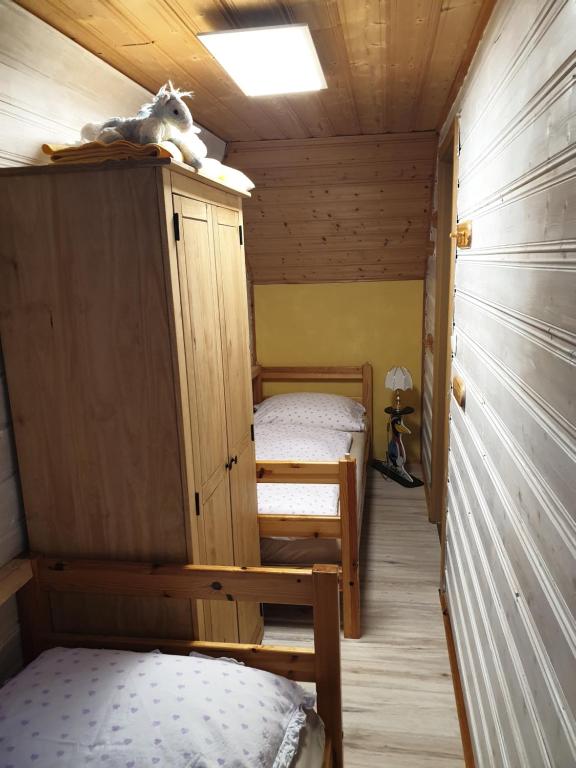 a small room with two bunk beds in a cabin at Erzgebirgshütte in Pobershau