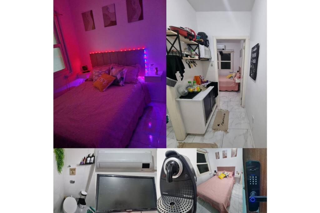 un collage di tre immagini di una camera da letto con pareti viola di BLACK *mês* Apartamento na capital Gaúcha a Porto Alegre