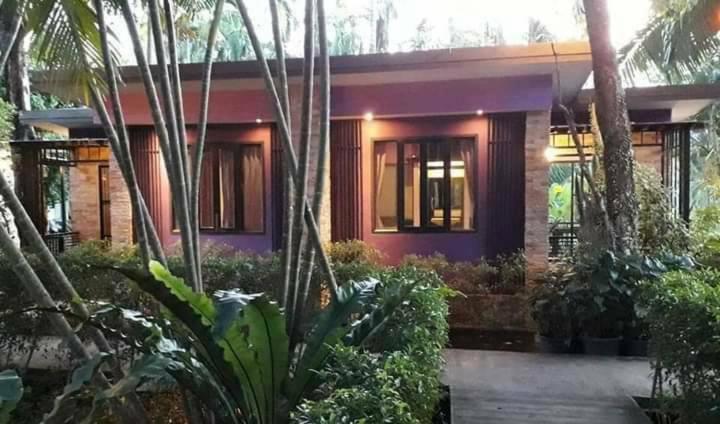 une maison à la façade violette avec des arbres et des plantes dans l'établissement สวนผึ้ง2 รีสอร์ท - Suan Phueng 2 Resort, à Bang Sare