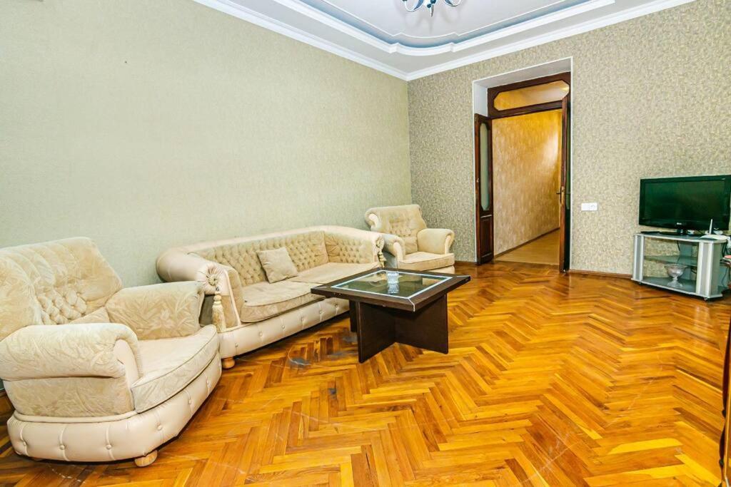 uma sala de estar com um sofá, uma mesa e uma televisão em Malakan Garden Apartment em Baku
