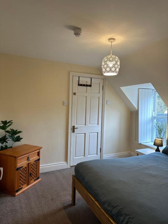 a bedroom with a bed and a pendant light at The Grapevine Hostel in Dingle