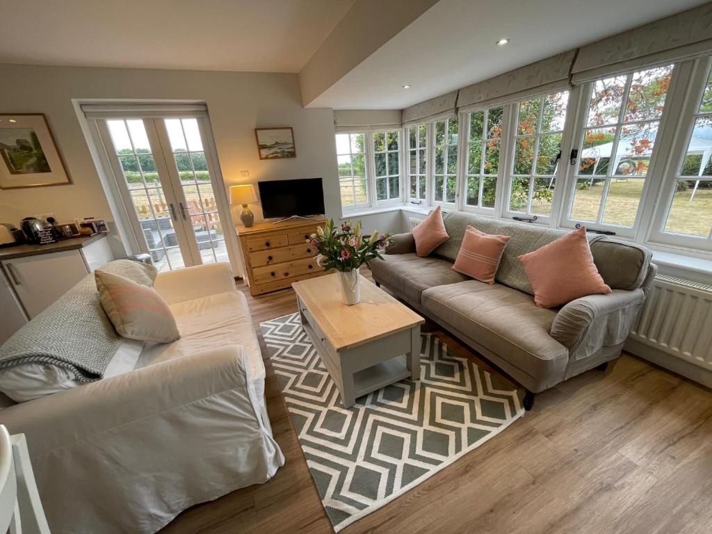 a living room with two couches and a tv at Garden flat near Goodwood with stunning views in Petersfield