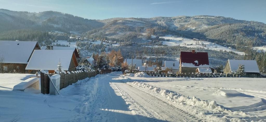 a street covered in snow with a mountain in the background at Nad Cicha in Ujsoły