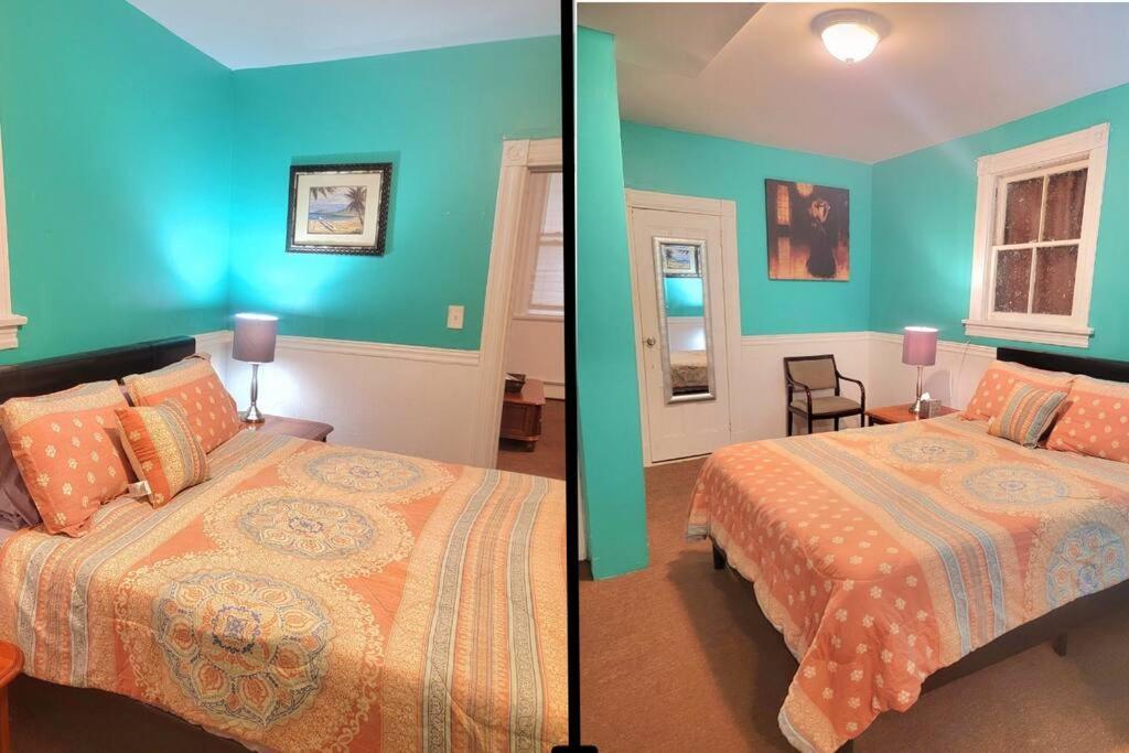 2 fotos de un dormitorio con 1 cama en una habitación en King Bed, Private Entrance, Gym, and free water!, en Yonkers